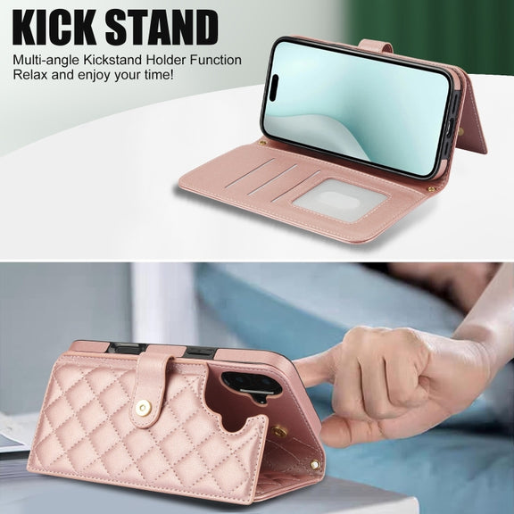 For iPhone 16 Crossbody Multifunction Rhombic Leather Phone Case(Rose Gold)
