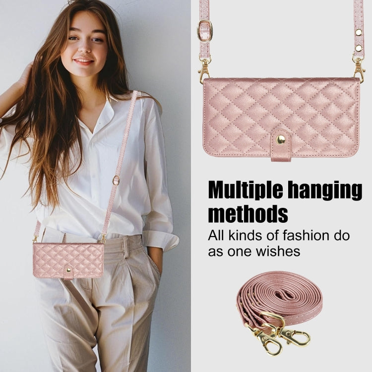 For iPhone 16 Crossbody Multifunction Rhombic Leather Phone Case(Rose Gold)