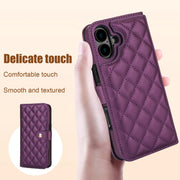 For iPhone 16 Crossbody Multifunction Rhombic Leather Phone Case(Dark Purple)