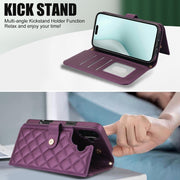 For iPhone 16 Crossbody Multifunction Rhombic Leather Phone Case(Dark Purple)