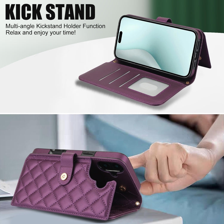 For iPhone 16 Crossbody Multifunction Rhombic Leather Phone Case(Dark Purple)