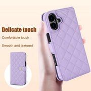 For iPhone 16 Crossbody Multifunction Rhombic Leather Phone Case(Purple)