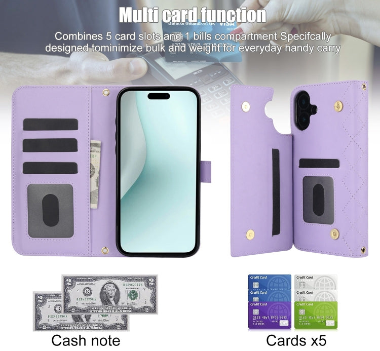 For iPhone 16 Crossbody Multifunction Rhombic Leather Phone Case(Purple)
