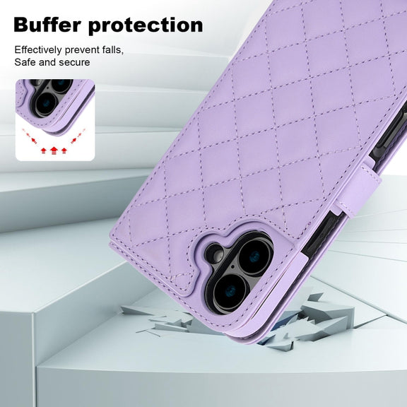 For iPhone 16 Crossbody Multifunction Rhombic Leather Phone Case(Purple)