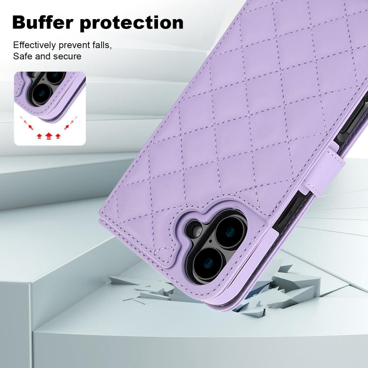 For iPhone 16 Crossbody Multifunction Rhombic Leather Phone Case(Purple)