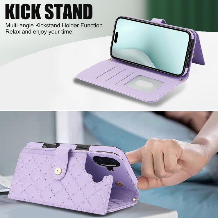For iPhone 16 Crossbody Multifunction Rhombic Leather Phone Case(Purple)