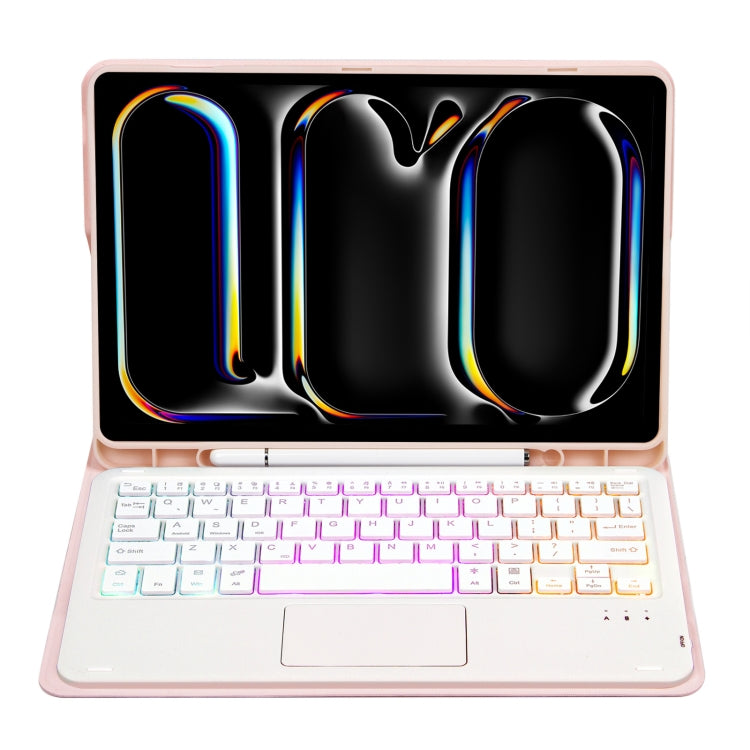 For iPad Pro 11 2024 A13B-AS Lambskin Texture Backlight Bluetooth Touch Keyboard Leather Tablet Case with Pen Slot(Pink)
