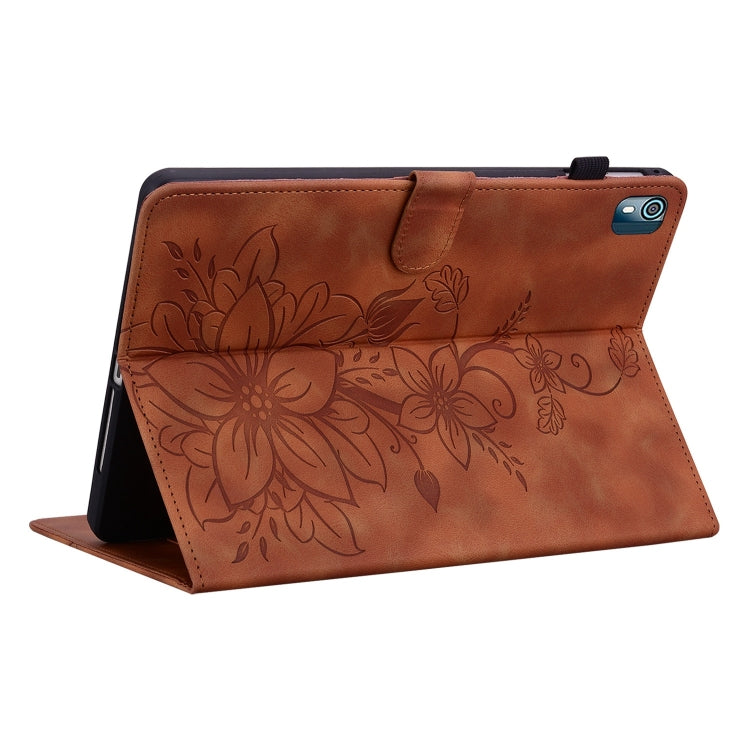For Nokia T21 Lily Embossed Leather Tablet Case(Brown) - Nokia by PMC TechLife | Online Shopping South Africa | PMC TechLife | Buy Now Pay Later Mobicred