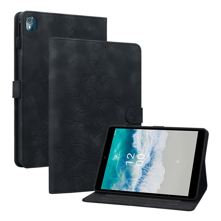 For Nokia T21 Lily Embossed Leather Tablet Case(Black) - Nokia by PMC TechLife | Online Shopping South Africa | PMC TechLife | Buy Now Pay Later Mobicred