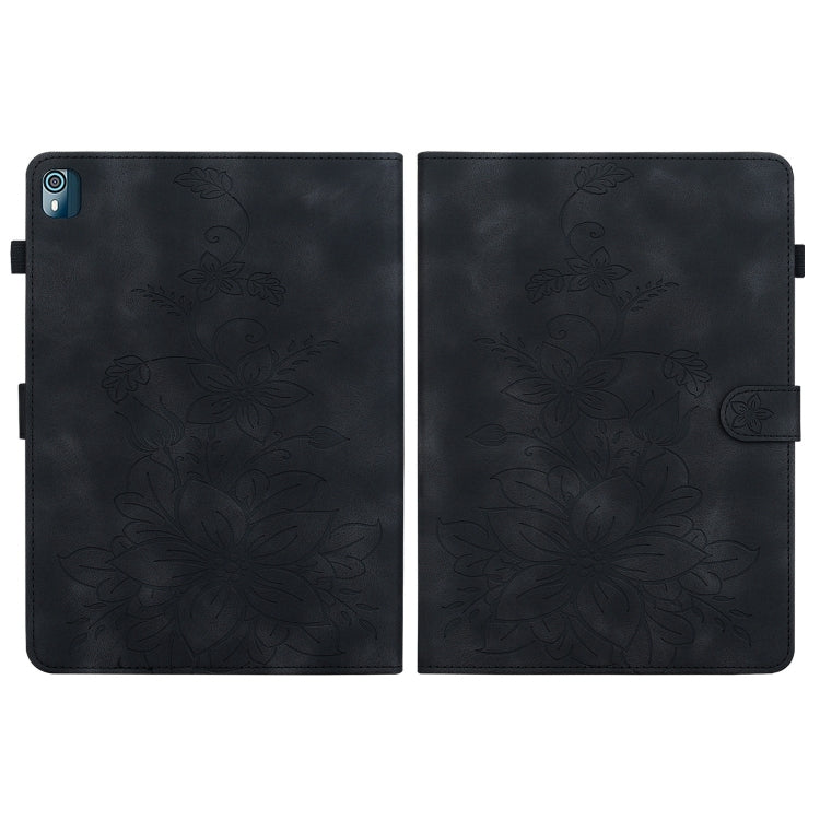 For Nokia T21 Lily Embossed Leather Tablet Case(Black) - Nokia by PMC TechLife | Online Shopping South Africa | PMC TechLife | Buy Now Pay Later Mobicred