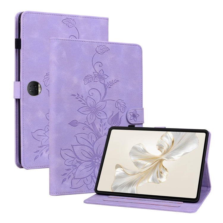 For Honor Pad 9 12.1 Lily Embossed Leather Tablet Case(Purple) - Honor by PMC TechLife | Online Shopping South Africa | PMC TechLife | Buy Now Pay Later Mobicred