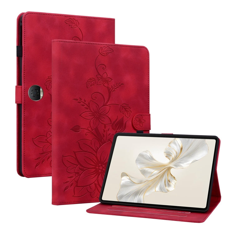 For Honor Pad 9 12.1 Lily Embossed Leather Tablet Case(Red) - Honor by PMC TechLife | Online Shopping South Africa | PMC TechLife | Buy Now Pay Later Mobicred