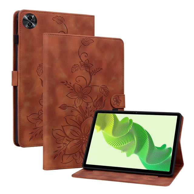 For Realme Pad 2 11.5 Lily Embossed Leather Tablet Case(Brown)