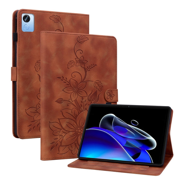 For Realme Pad X Lily Embossed Leather Tablet Case(Brown)