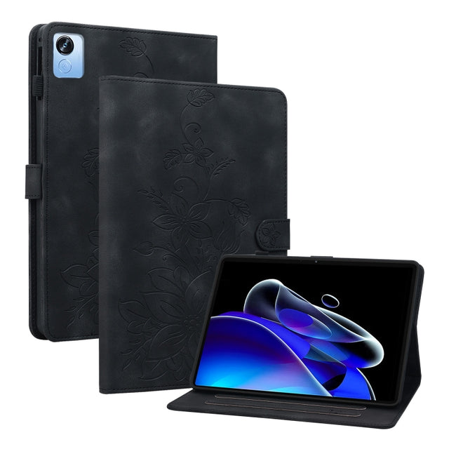 For Realme Pad X Lily Embossed Leather Tablet Case(Black)