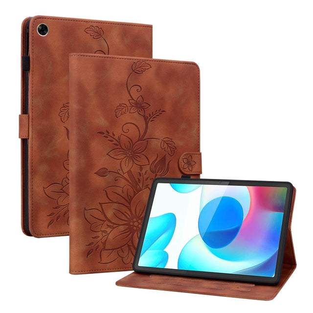 For Realme Pad 10.4 Lily Embossed Leather Tablet Case(Brown)