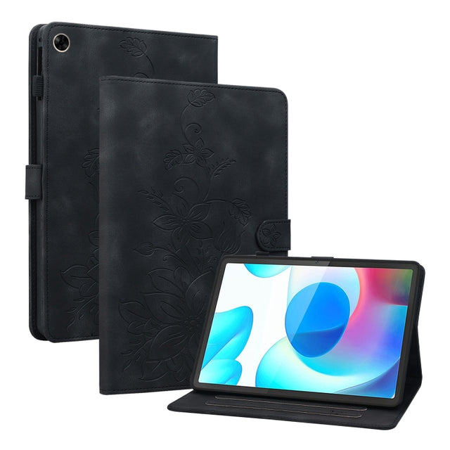 For Realme Pad 10.4 Lily Embossed Leather Tablet Case(Black)