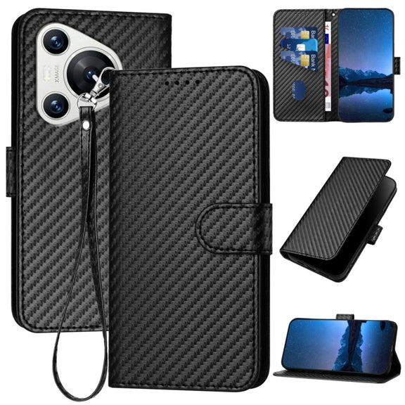 For Huawei Pura 70 YX0070 Carbon Fiber Buckle Leather Phone Case with Lanyard(Black)