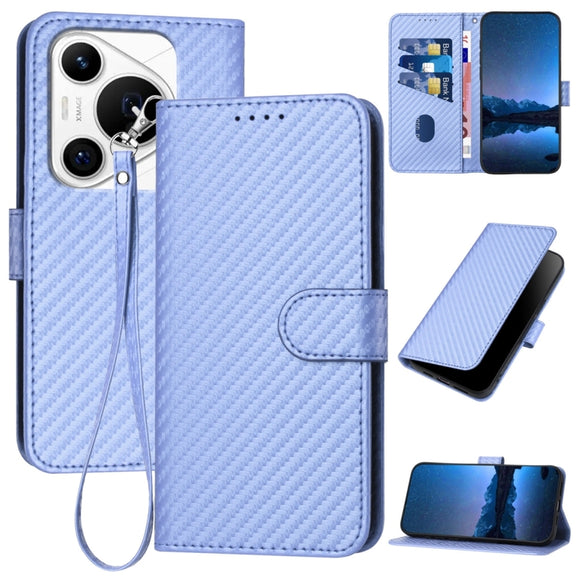 For Huawei Pura 70 Pro / Pura 70 Ultra YX0070 Carbon Fiber Buckle Leather Phone Case with Lanyard(Light Purple)