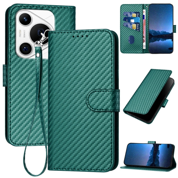 For Huawei Pura 70 Pro / Pura 70 Ultra YX0070 Carbon Fiber Buckle Leather Phone Case with Lanyard(Dark Green)