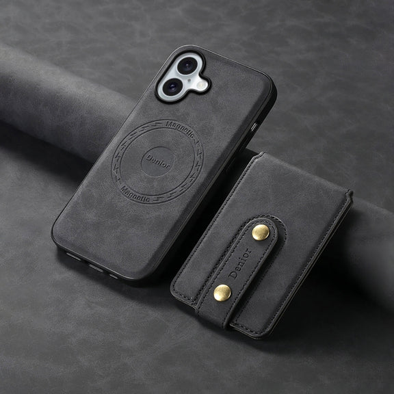 For iPhone 16 Denior D14 NK Retro Pattern MagSafe Magnetic Card Holder Leather Phone Case(Black)