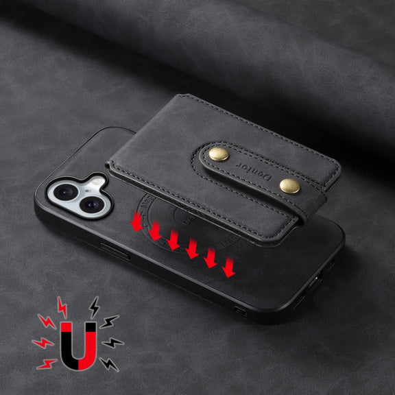 For iPhone 16 Denior D14 NK Retro Pattern MagSafe Magnetic Card Holder Leather Phone Case(Black)