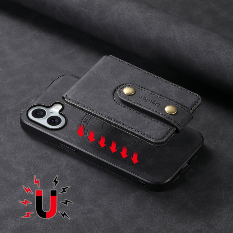 For iPhone 16 Denior D14 NK Retro Pattern MagSafe Magnetic Card Holder Leather Phone Case(Black)