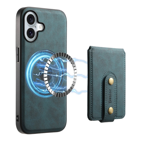 For iPhone 16 Plus Denior D14 NK Retro Pattern MagSafe Magnetic Card Holder Leather Phone Case(Blue)