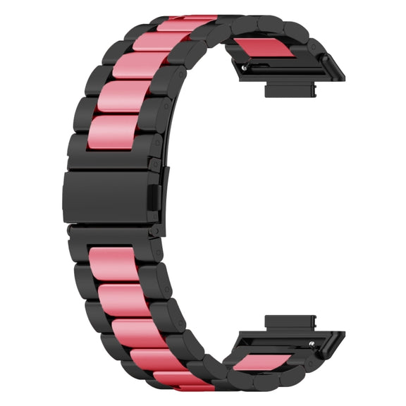 For Huawei Watch Fit 3 Three Bead Stainless Steel Metal Watch Band(Black Pink)
