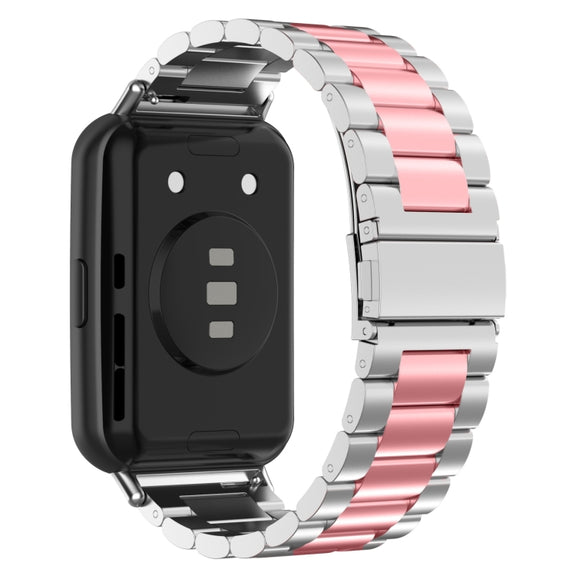 For Huawei Watch Fit 3 Three Bead Stainless Steel Metal Watch Band(Silver Pink)