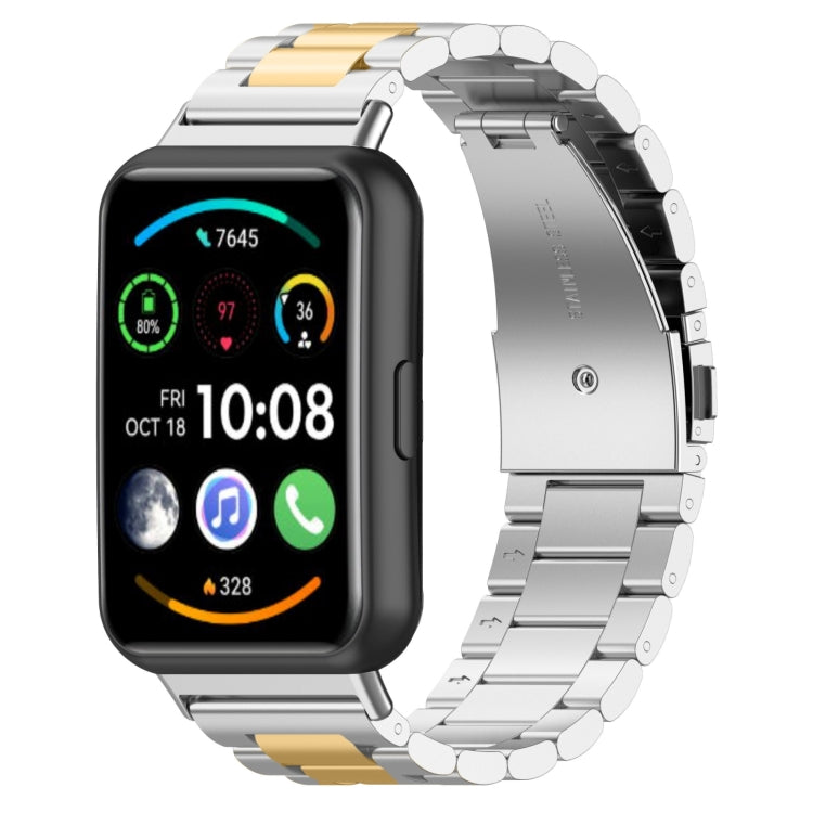For Huawei Watch Fit 3 Three Bead Stainless Steel Metal Watch Band(Silver Gold) - Watch Bands by PMc TechLife | Online Shopping South Africa | PMc TechLife | Buy Now Pay Later Mobicred