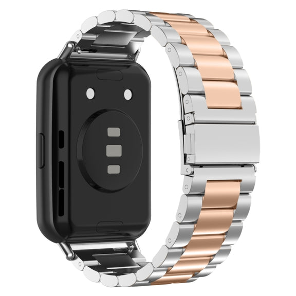 For Huawei Watch Fit 3 Three Bead Stainless Steel Metal Watch Band(Silver Rose Gold)