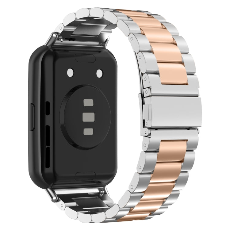 For Huawei Watch Fit 3 Three Bead Stainless Steel Metal Watch Band(Silver Rose Gold)