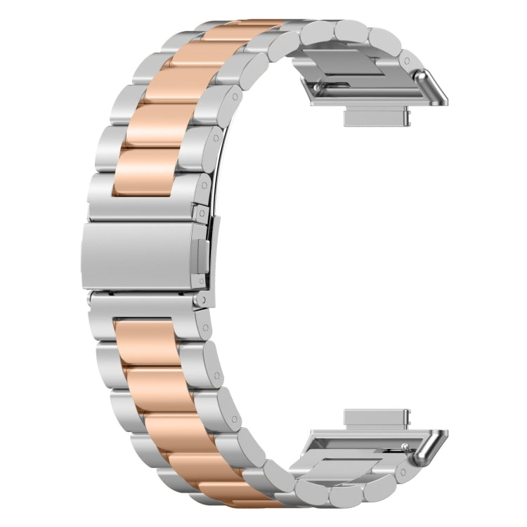 For Huawei Watch Fit 3 Three Bead Stainless Steel Metal Watch Band(Silver Rose Gold)