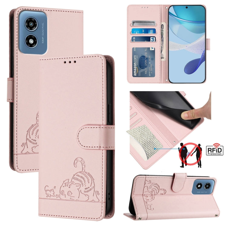 For Motorola Moto G Play 4G 2024 Global Cat Rat Embossed Pattern RFID Leather Phone Case with Lanyard(Pink) - free shipping - PMC Jewellery - Order now!