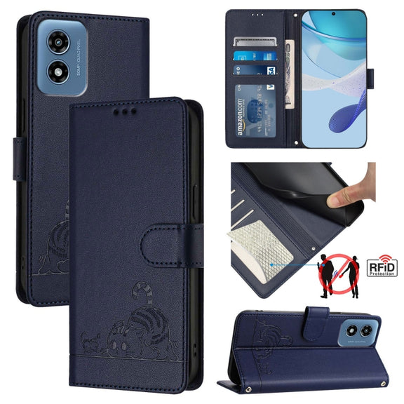 For Motorola Moto G Play 4G 2024 Global Cat Rat Embossed Pattern RFID Leather Phone Case with Lanyard(Blue)