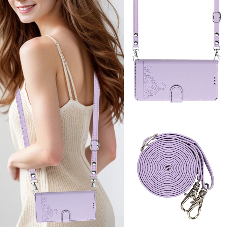 For Motorola Moto G Play 5G 2024 Global Cat Rat Embossed Pattern RFID Leather Phone Case with Lanyard(Purple)