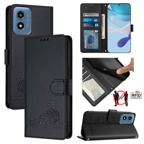 For Motorola Moto G 5G 2024 Global Cat Rat Embossed Pattern RFID Leather Phone Case with Lanyard(Black)