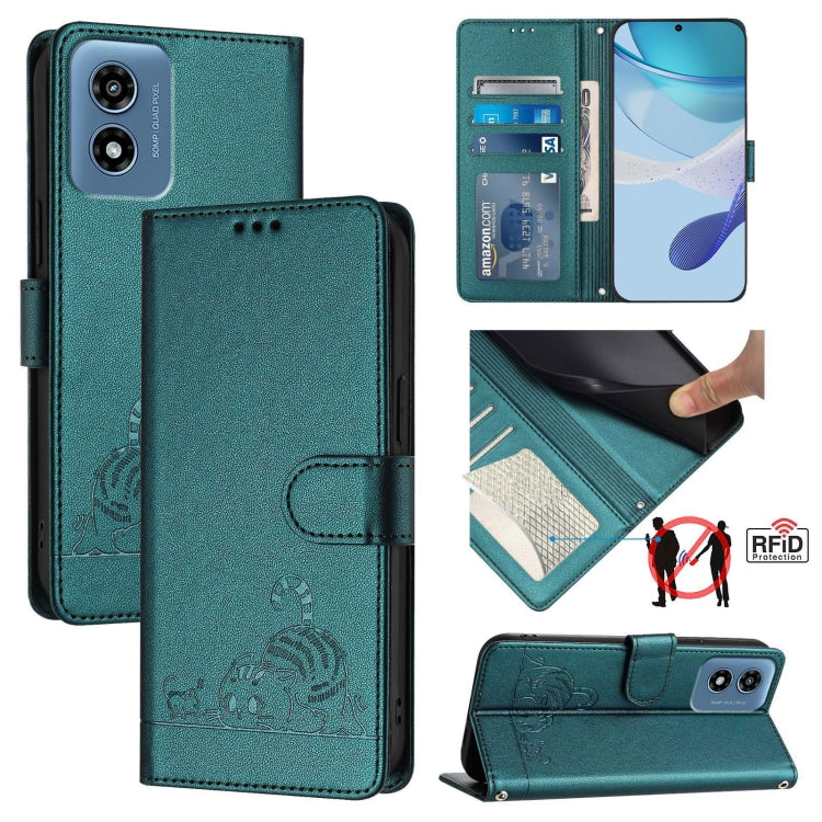 For Motorola Moto G 5G 2024 Global Cat Rat Embossed Pattern RFID Leather Phone Case with Lanyard(Peacock Green) - Motorola Cases by PMC Jewellery | Online Shopping South Africa | PMC Jewellery | Buy Now Pay Later Mobicred