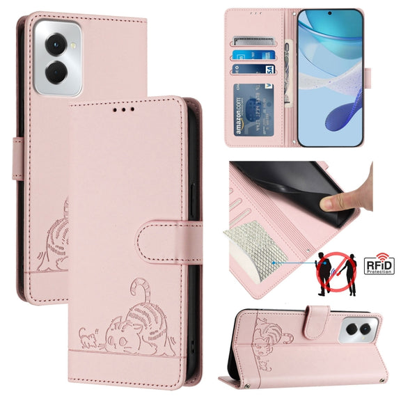 For Motorola Moto G Power 5G 2024 Cat Rat Embossed Pattern RFID Leather Phone Case with Lanyard(Pink)