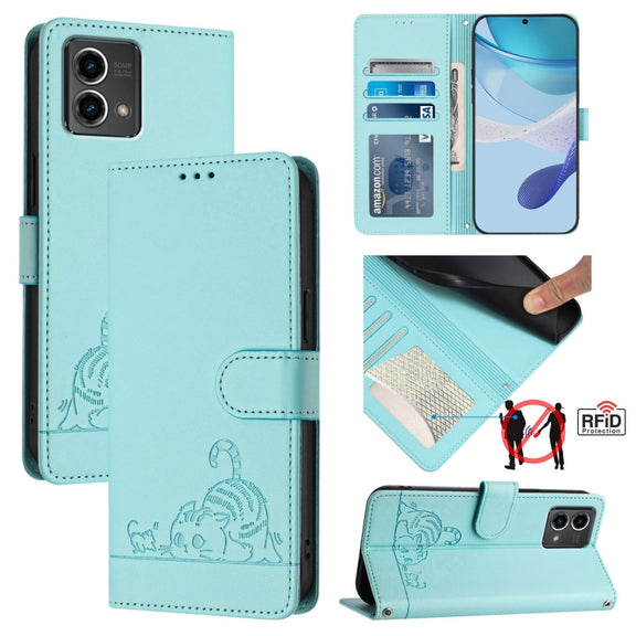 For Motorola Moto G Stylus 5G 2024 Cat Rat Embossed Pattern RFID Leather Phone Case with Lanyard(Mint Green)