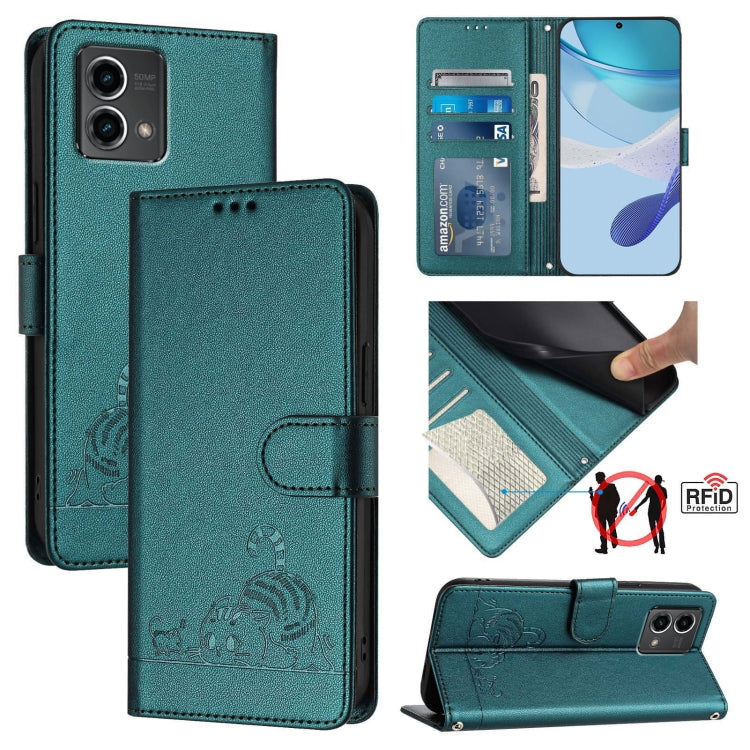 For Motorola Moto G Stylus 5G 2024 Cat Rat Embossed Pattern RFID Leather Phone Case with Lanyard(Peacock Green) - Motorola Cases by PMC Jewellery | Online Shopping South Africa | PMC Jewellery | Buy Now Pay Later Mobicred
