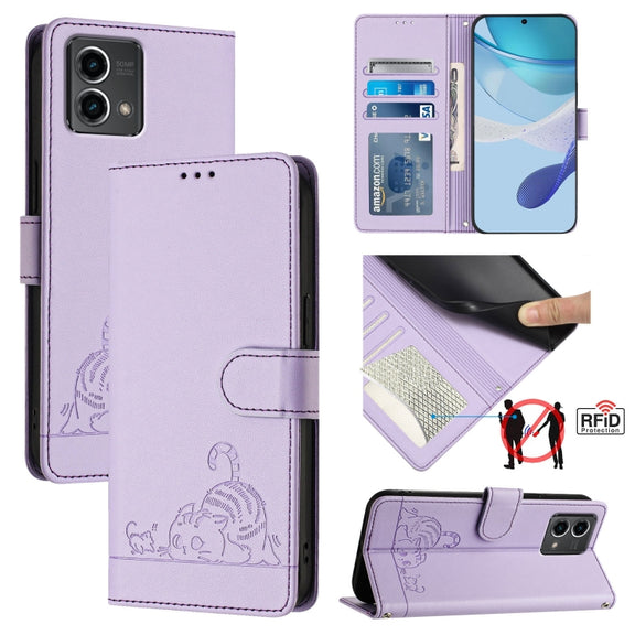 For Motorola Moto G Stylus 5G 2024 Cat Rat Embossed Pattern RFID Leather Phone Case with Lanyard(Purple)