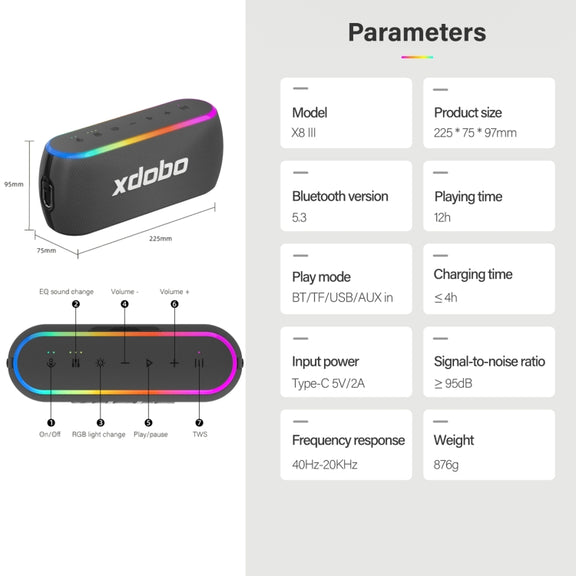 Xdobo X8 III BT5.3 IPX7 Wireless Speaker with RGB Light, Support Bluetooth/TF Card/USB/AUX(Grey)