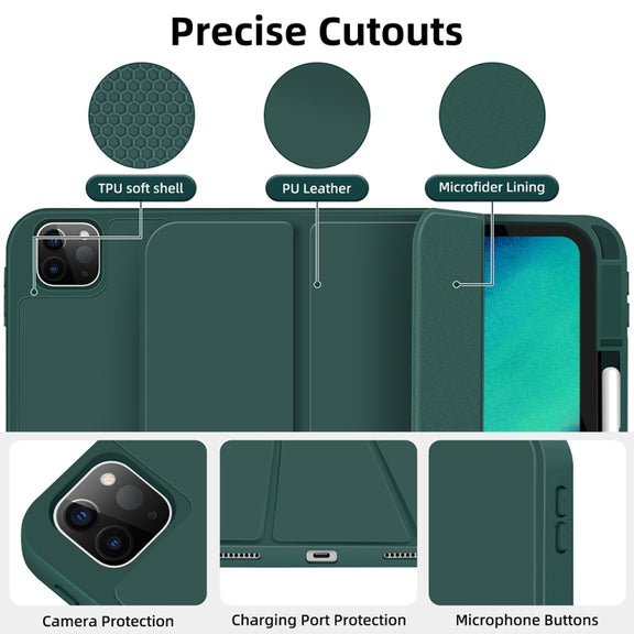 For iPad Pro 13 2024 3-fold TPU Smart Leather Tablet Case with Pen Slot(Dark Green)
