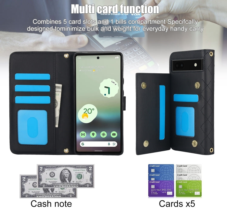 For Google Pixel 6a Crossbody Multifunction Rhombic Leather Phone Case(Black) - Google Cases by PMC TechLife | Online Shopping South Africa | PMC TechLife | Buy Now Pay Later Mobicred