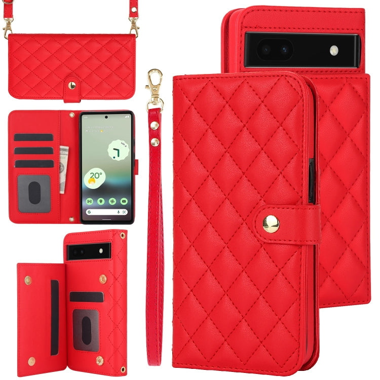 For Google Pixel 6a Crossbody Multifunction Rhombic Leather Phone Case(Red) - Google Cases by PMC TechLife | Online Shopping South Africa | PMC TechLife | Buy Now Pay Later Mobicred