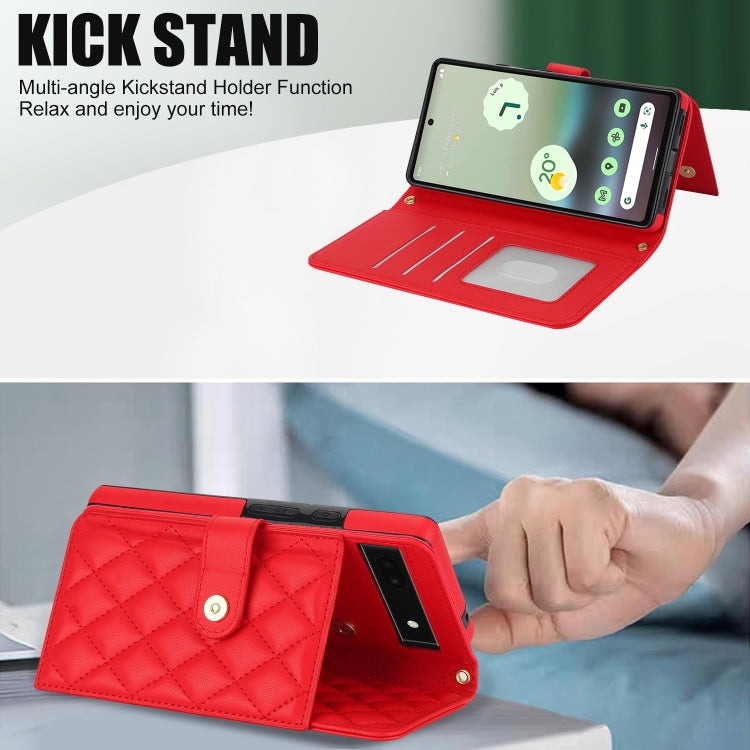 For Google Pixel 6a Crossbody Multifunction Rhombic Leather Phone Case(Red) - Google Cases by PMC TechLife | Online Shopping South Africa | PMC TechLife | Buy Now Pay Later Mobicred