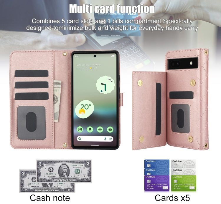 For Google Pixel 6a Crossbody Multifunction Rhombic Leather Phone Case(Rose Gold) - Google Cases by PMC TechLife | Online Shopping South Africa | PMC TechLife | Buy Now Pay Later Mobicred