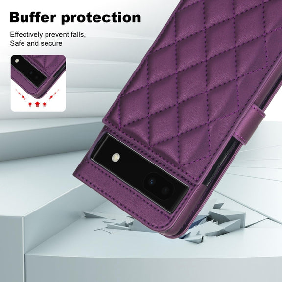 For Google Pixel 6a Crossbody Multifunction Rhombic Leather Phone Case(Dark Purple)